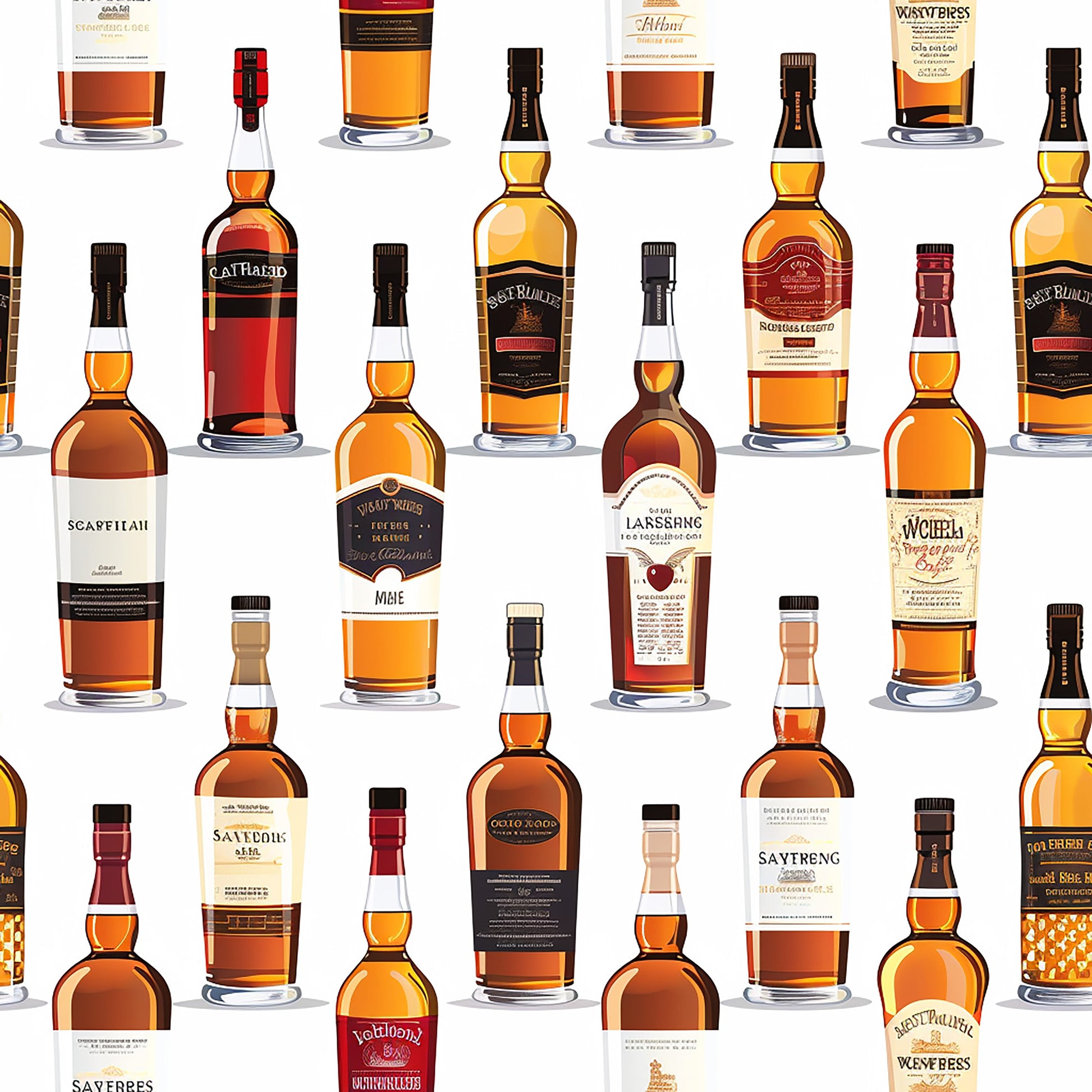 amber, golden yellow, deep brown, rust orange, whiskey bottles, scottish distillery, alcohol beverages, spirit bottles, glass bottles, labels, realistic illustration, repeating pattern, quilting cotton, fabric panel, scottish theme, bar collection, bottle arrangement, warm tones, beverage motif, distilled spirits