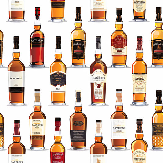 amber, golden yellow, deep brown, rust orange, whiskey bottles, scottish distillery, alcohol beverages, spirit bottles, glass bottles, labels, realistic illustration, repeating pattern, quilting cotton, fabric panel, scottish theme, bar collection, bottle arrangement, warm tones, beverage motif, distilled spirits
