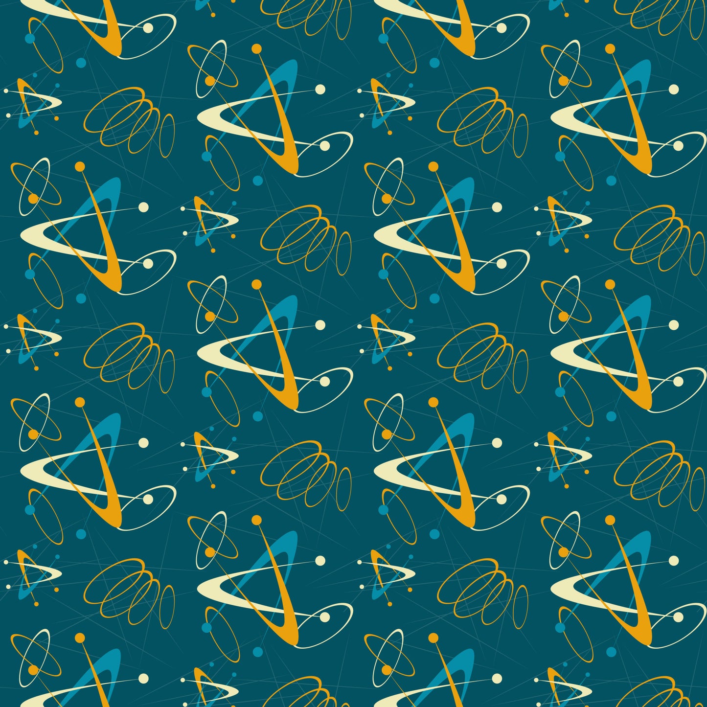 atomic pattern, starbursts, mid-century modern, retro design, teal background, orange accents, yellow dots, cream spirals, geometric shapes, orbital rings, space age, atomic symbols, boomerang shapes, quilting cotton, fabric panel, 1950s style, modern aesthetic, scattered motifs, turquoise blue, vintage inspired