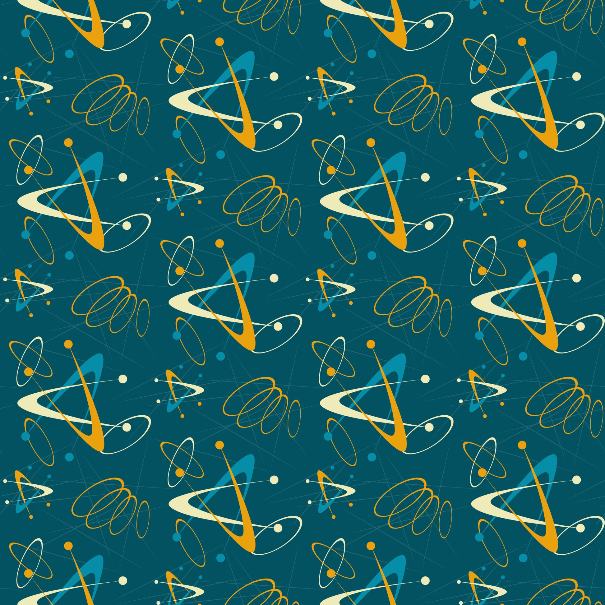 atomic pattern, starbursts, mid-century modern, retro design, teal background, orange accents, yellow dots, cream spirals, geometric shapes, orbital rings, space age, atomic symbols, boomerang shapes, quilting cotton, fabric panel, 1950s style, modern aesthetic, scattered motifs, turquoise blue, vintage inspired