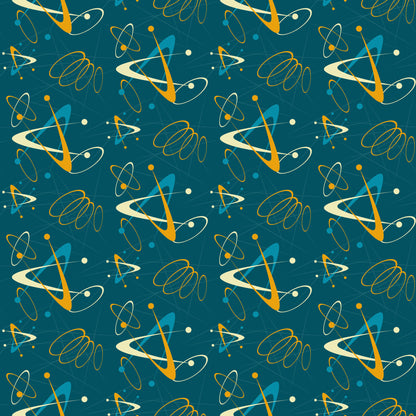 atomic pattern, starbursts, mid-century modern, retro design, teal background, orange accents, yellow dots, cream spirals, geometric shapes, orbital rings, space age, atomic symbols, boomerang shapes, quilting cotton, fabric panel, 1950s style, modern aesthetic, scattered motifs, turquoise blue, vintage inspired