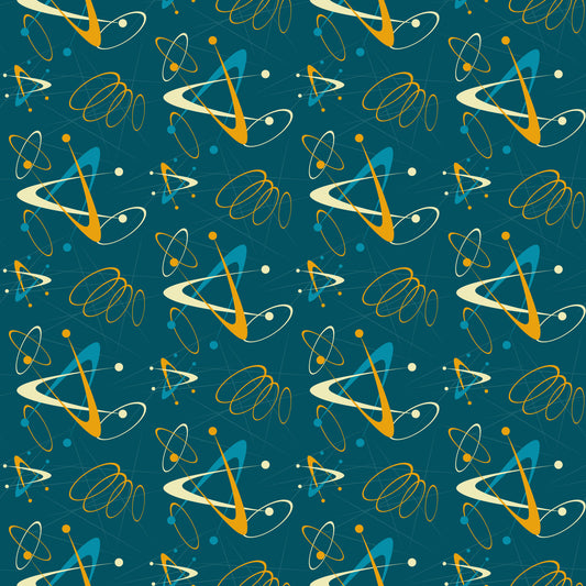 atomic pattern, starbursts, mid-century modern, retro design, teal background, orange accents, yellow dots, cream spirals, geometric shapes, orbital rings, space age, atomic symbols, boomerang shapes, quilting cotton, fabric panel, 1950s style, modern aesthetic, scattered motifs, turquoise blue, vintage inspired