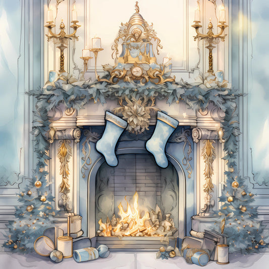 Light Blue and Gold Christmas Fabric Panel 33