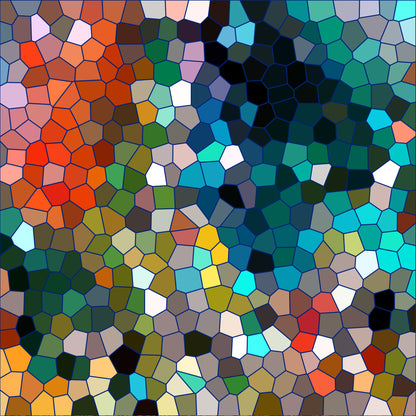mosaic pattern, stained glass, geometric shapes, polygonal design, red, orange, blue, green, yellow, purple, teal, black, white, colorful, vibrant colors, abstract art, contemporary style, quilting cotton, fabric panel, kaleidoscope effect, multicolored tessellation