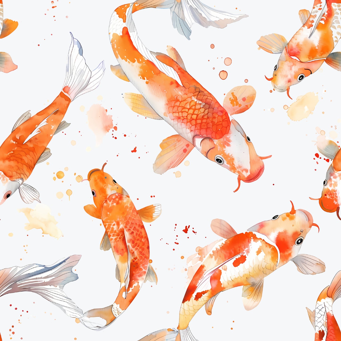 watercolor fish, koi fish, orange fish, coral colors, peach tones, white background, swimming fish, aquatic pattern, flowing fins, fish scales, watercolor splashes, soft pastels, artistic brushstrokes, quilting cotton, fabric panel, serene mood, flowing movement, delicate details, fish pond, graceful swimming