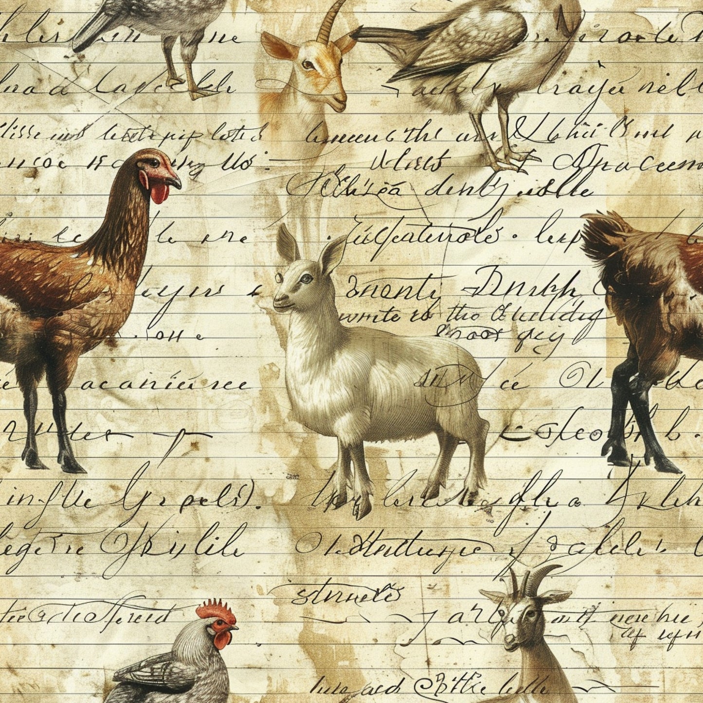 cream, beige, brown, sepia tones, farm animals, chickens, roosters, goats, birds, vintage illustrations, cursive script, handwritten text, aged paper, rustic style, country theme, pastoral scenes, quilting cotton, fabric panel, antique aesthetic, farmhouse motif