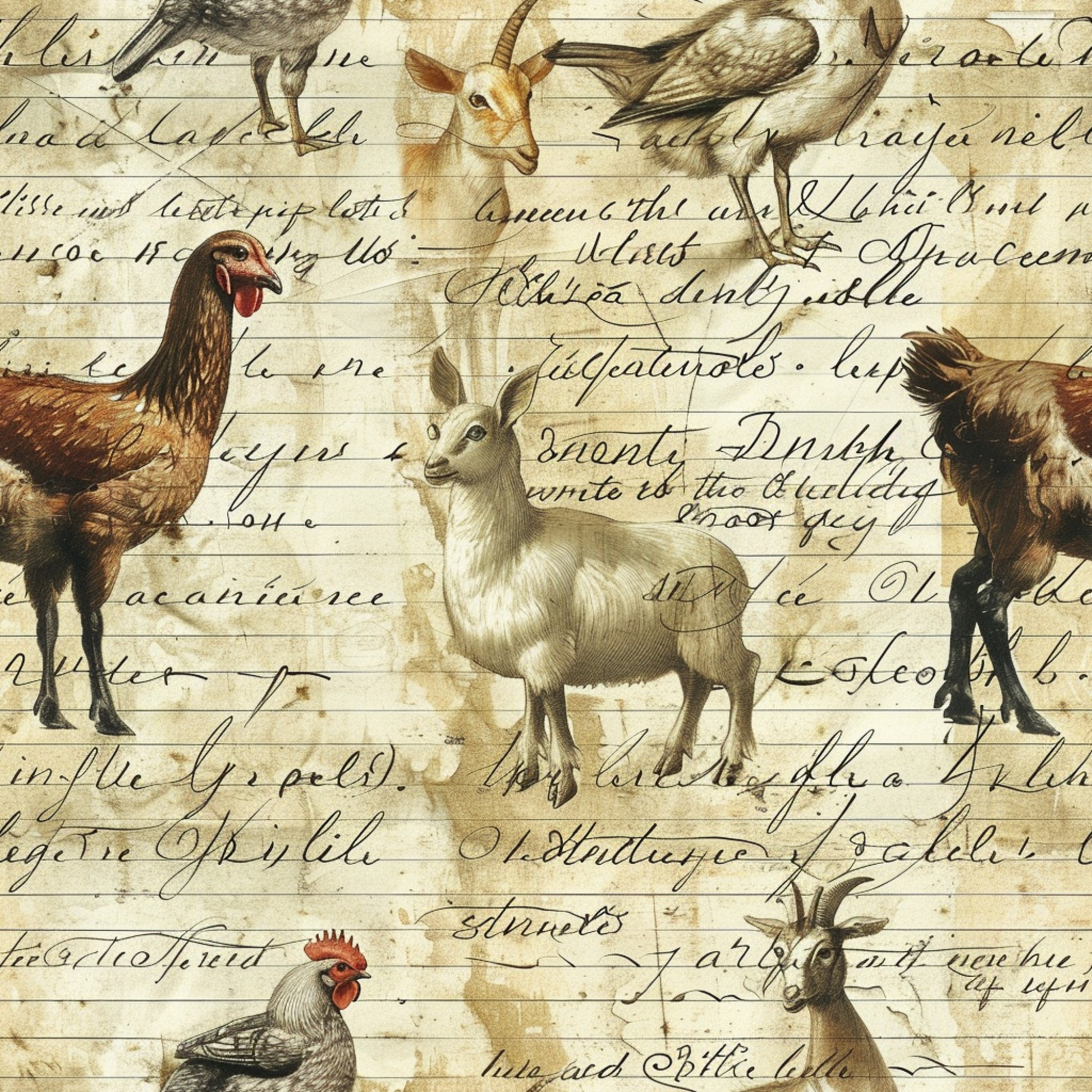 cream, beige, brown, sepia tones, farm animals, chickens, roosters, goats, birds, vintage illustrations, cursive script, handwritten text, aged paper, rustic style, country theme, pastoral scenes, quilting cotton, fabric panel, antique aesthetic, farmhouse motif