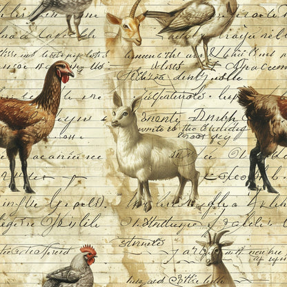 cream, beige, brown, sepia tones, farm animals, chickens, roosters, goats, birds, vintage illustrations, cursive script, handwritten text, aged paper, rustic style, country theme, pastoral scenes, quilting cotton, fabric panel, antique aesthetic, farmhouse motif