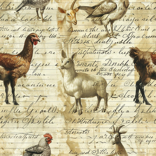 cream, beige, brown, sepia tones, farm animals, chickens, roosters, goats, birds, vintage illustrations, cursive script, handwritten text, aged paper, rustic style, country theme, pastoral scenes, quilting cotton, fabric panel, antique aesthetic, farmhouse motif
