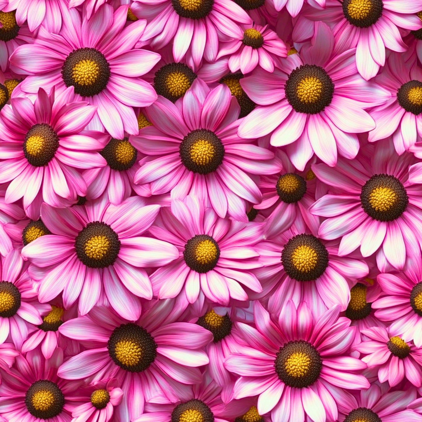 pink flowers, magenta petals, yellow centers, daisy pattern, floral design, realistic flowers, botanical print, quilting cotton, fabric panel, bright colors, garden flowers, densely packed, vibrant pink, golden yellow, nature motif, spring flowers, cheerful mood, feminine colors, craft fabric, sewing material