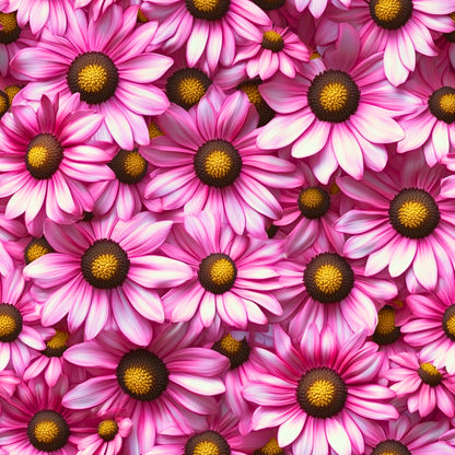 pink flowers, magenta petals, yellow centers, daisy pattern, floral design, realistic flowers, botanical print, quilting cotton, fabric panel, bright colors, garden flowers, densely packed, vibrant pink, golden yellow, nature motif, spring flowers, cheerful mood, feminine colors, craft fabric, sewing material
