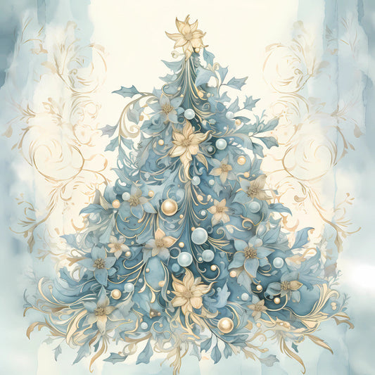 Light Blue and Gold Christmas Fabric Panel 25