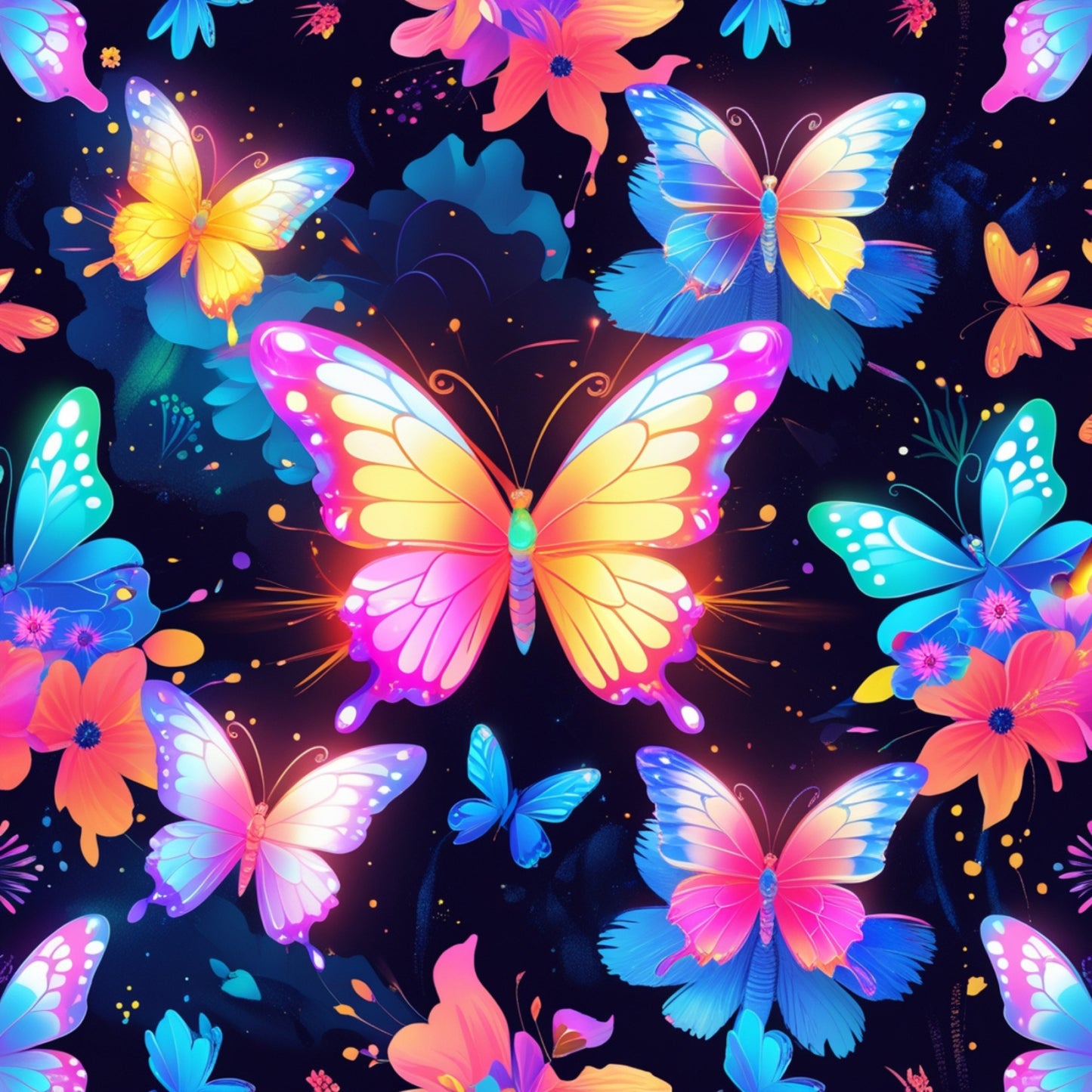 butterflies, fantasy pattern, vibrant colors, neon pink, electric blue, bright yellow, coral orange, purple accents, tropical flowers, luminous wings, magical glow, night sky background, quilting cotton, fabric panel, whimsical design, enchanted garden, glowing effects, colorful florals, dreamy atmosphere, craft fabric