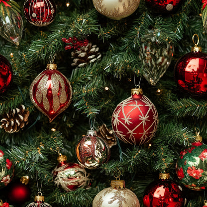 christmas ornaments, red ornaments, gold ornaments, silver ornaments, pine needles, evergreen branches, pinecones, realistic photography, festive pattern, holiday fabric, quilting cotton, fabric panel, shiny baubles, decorative balls, christmas tree, seasonal print, winter theme, metallic accents, burgundy, crimson