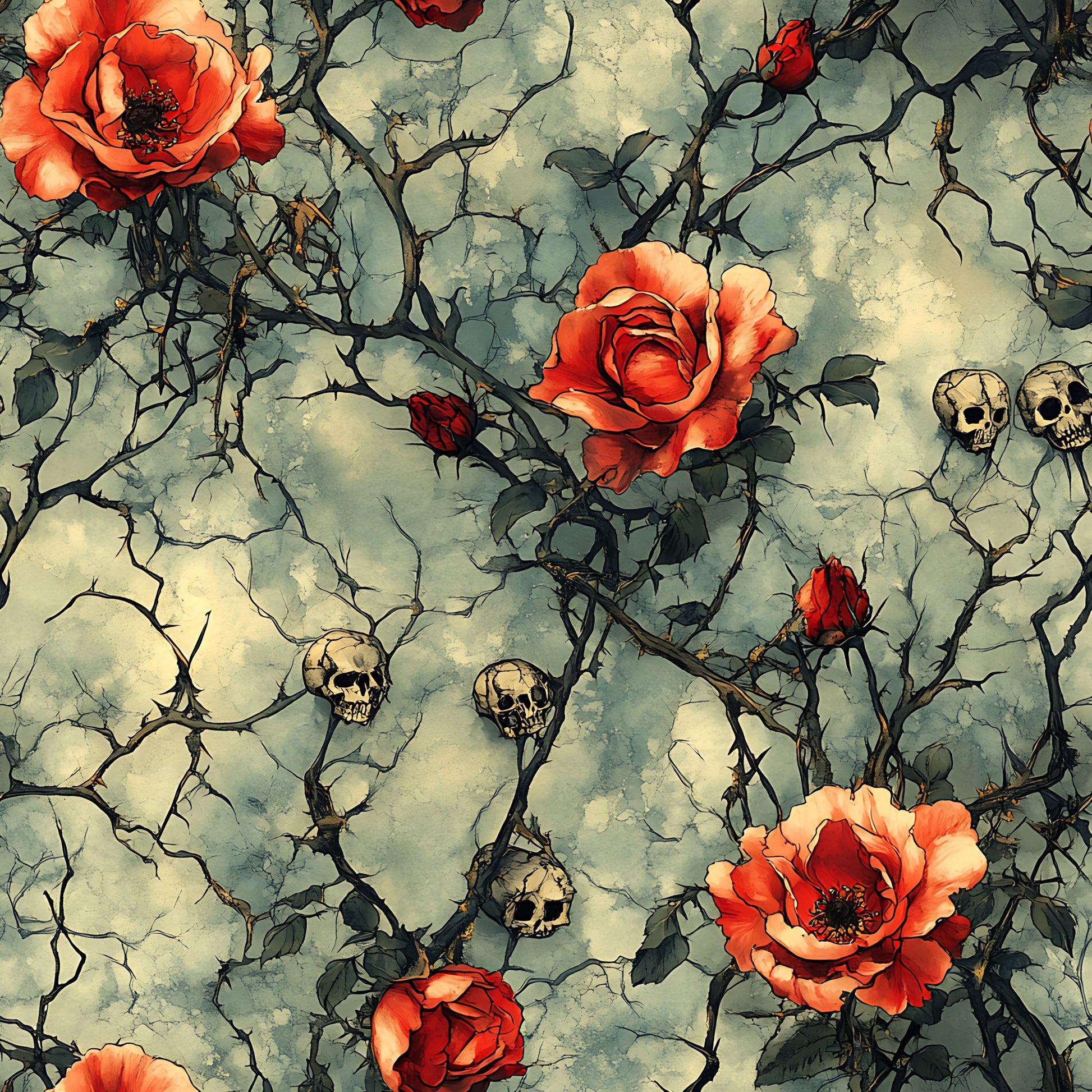 coral roses, red flowers, human skulls, thorny vines, cracked stone, gothic pattern, dark branches, orange blooms, weathered texture, macabre design, quilting cotton, fabric panel, spooky floral, halloween theme, aged background, botanical skulls, rose brambles, eerie atmosphere, horror motif