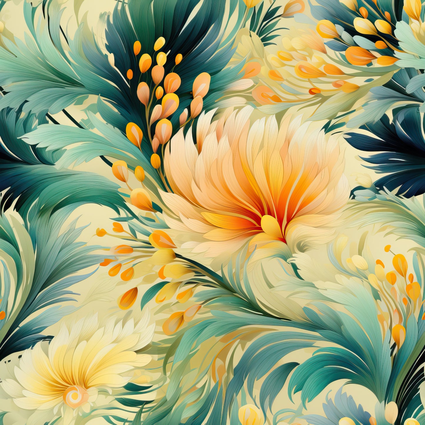 tropical flowers, hibiscus blooms, teal green, coral orange, cream petals, golden yellow, flowing petals, botanical pattern, large scale floral, tropical leaves, warm autumn colors, quilting cotton, fabric panel, painterly style, lush foliage, exotic blooms, seamless repeat, nature motif, tropical paradise