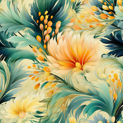 tropical flowers, hibiscus blooms, teal green, coral orange, cream petals, golden yellow, flowing petals, botanical pattern, large scale floral, tropical leaves, warm autumn colors, quilting cotton, fabric panel, painterly style, lush foliage, exotic blooms, seamless repeat, nature motif, tropical paradise