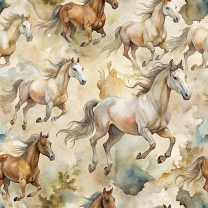wild horses, galloping horses, watercolor style, beige tones, cream background, brown horses, tan colors, earth tones, flowing manes, dynamic movement, equestrian theme, horse pattern, quilting cotton, fabric panel, artistic watercolor, running horses, natural colors, soft palette, western theme, animal motif