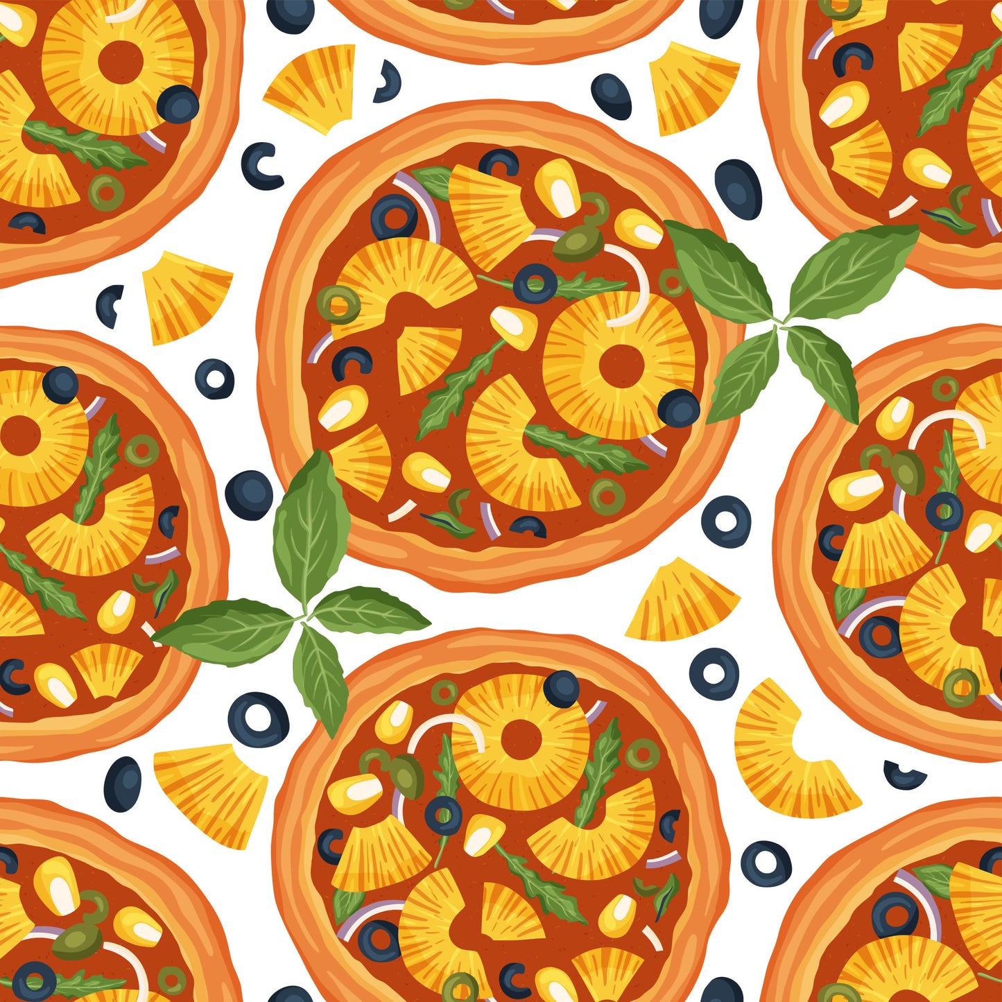 pizza pattern, quilting cotton, orange, yellow, green, red, white, pineapple slices, olives, basil leaves, cheese, pepperoni, food illustration, italian cuisine, seamless repeat, bright colors, kitchen theme, culinary design, fabric panel, cartoon style