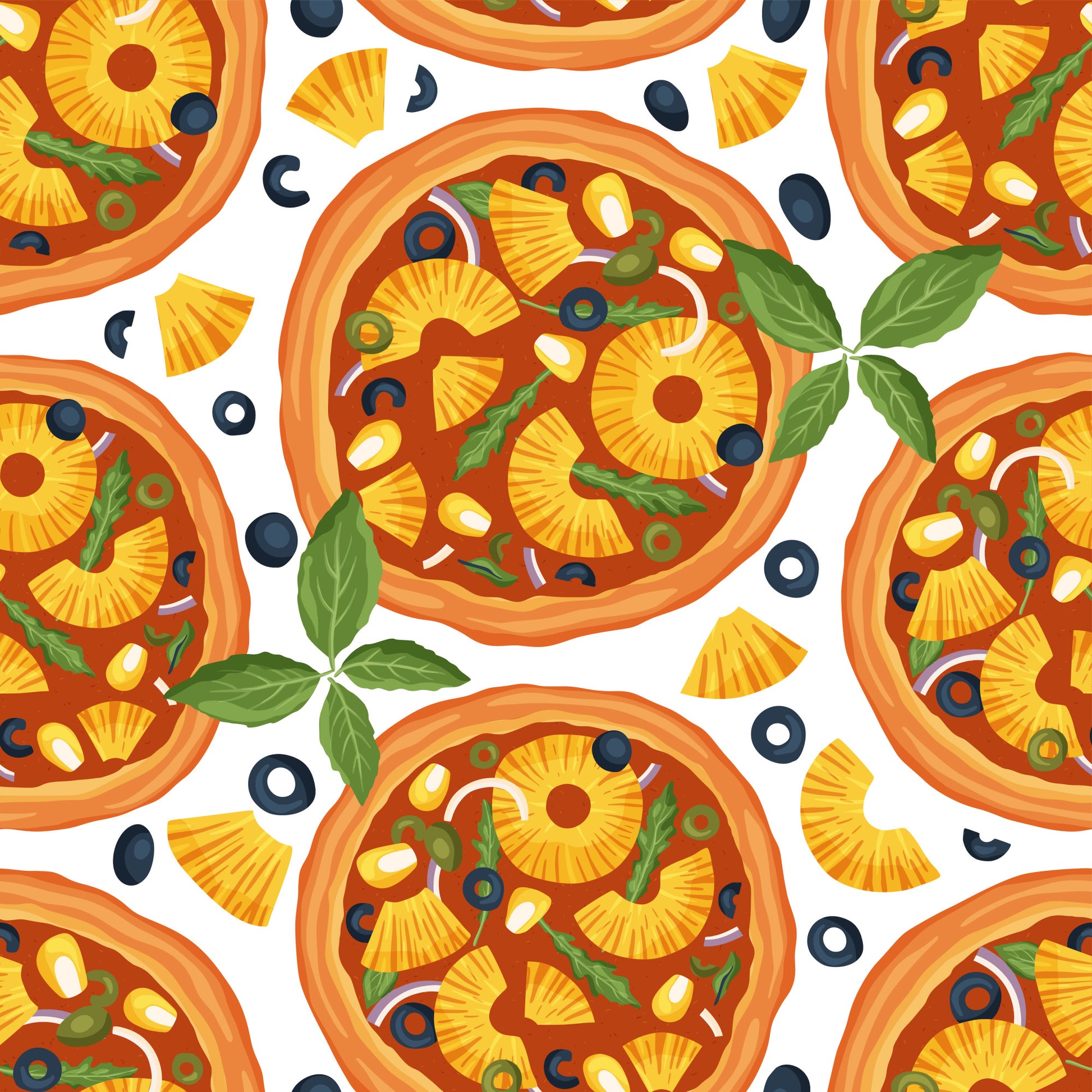 pizza pattern, quilting cotton, orange, yellow, green, red, white, pineapple slices, olives, basil leaves, cheese, pepperoni, food illustration, italian cuisine, seamless repeat, bright colors, kitchen theme, culinary design, fabric panel, cartoon style