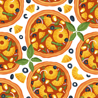 pizza pattern, quilting cotton, orange, yellow, green, red, white, pineapple slices, olives, basil leaves, cheese, pepperoni, food illustration, italian cuisine, seamless repeat, bright colors, kitchen theme, culinary design, fabric panel, cartoon style