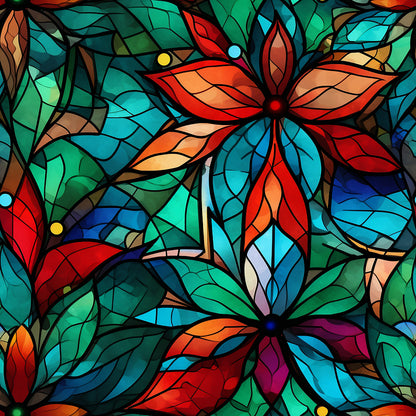 stained glass, christmas pattern, quilting cotton, fabric panel, floral motifs, poinsettia flowers, red petals, green leaves, blue accents, orange hues, turquoise, purple tones, geometric sections, lead lines, mosaic style, holiday fabric, festive colors, botanical design, decorative panel, vibrant colors