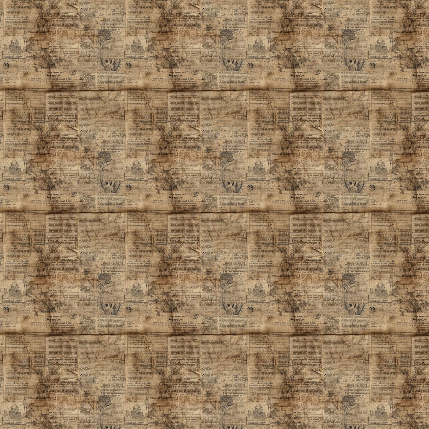 beige, tan, sepia, brown, aged newspaper, vintage newsprint, text columns, antique pattern, weathered appearance, distressed look, quilting cotton, fabric panel, nostalgic mood, retro style, muted tones, faded print, old-fashioned, worn texture, historical feel, patchwork suitable
