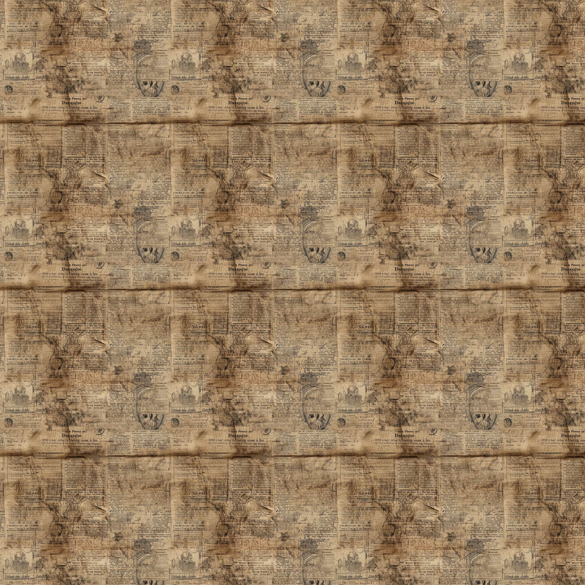 beige, tan, sepia, brown, aged newspaper, vintage newsprint, text columns, antique pattern, weathered appearance, distressed look, quilting cotton, fabric panel, nostalgic mood, retro style, muted tones, faded print, old-fashioned, worn texture, historical feel, patchwork suitable