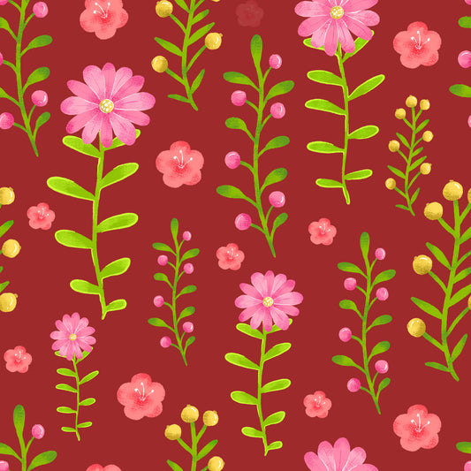 handdrawn, pink flowers, floral pattern, burgundy background, green leaves, botanical design, quilting cotton, fabric panel, watercolor style, spring flowers, delicate blooms, nature motif, coral pink, deep red, lime green, scattered flowers, feminine design, crafting fabric, sewing material, whimsical florals