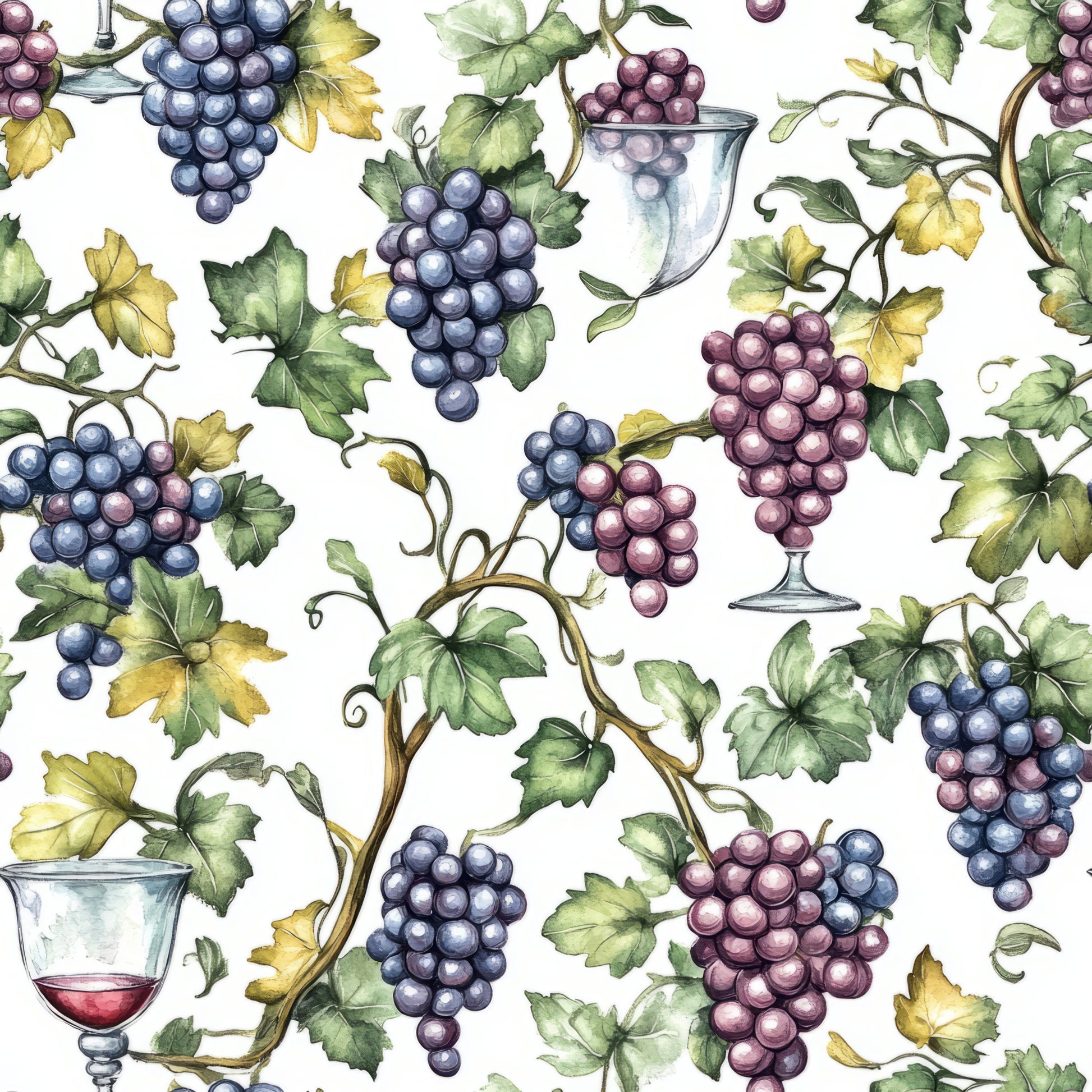 vineyard pattern, grapes, wine glasses, grapevines, leaves, purple grapes, blue grapes, green leaves, yellow leaves, botanical design, watercolor style, repeating pattern, quilting cotton, fabric panel, wine theme, autumn colors, detailed illustration, realistic grapes, vine tendrils, harvest motif