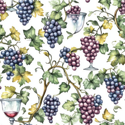 vineyard pattern, grapes, wine glasses, grapevines, leaves, purple grapes, blue grapes, green leaves, yellow leaves, botanical design, watercolor style, repeating pattern, quilting cotton, fabric panel, wine theme, autumn colors, detailed illustration, realistic grapes, vine tendrils, harvest motif
