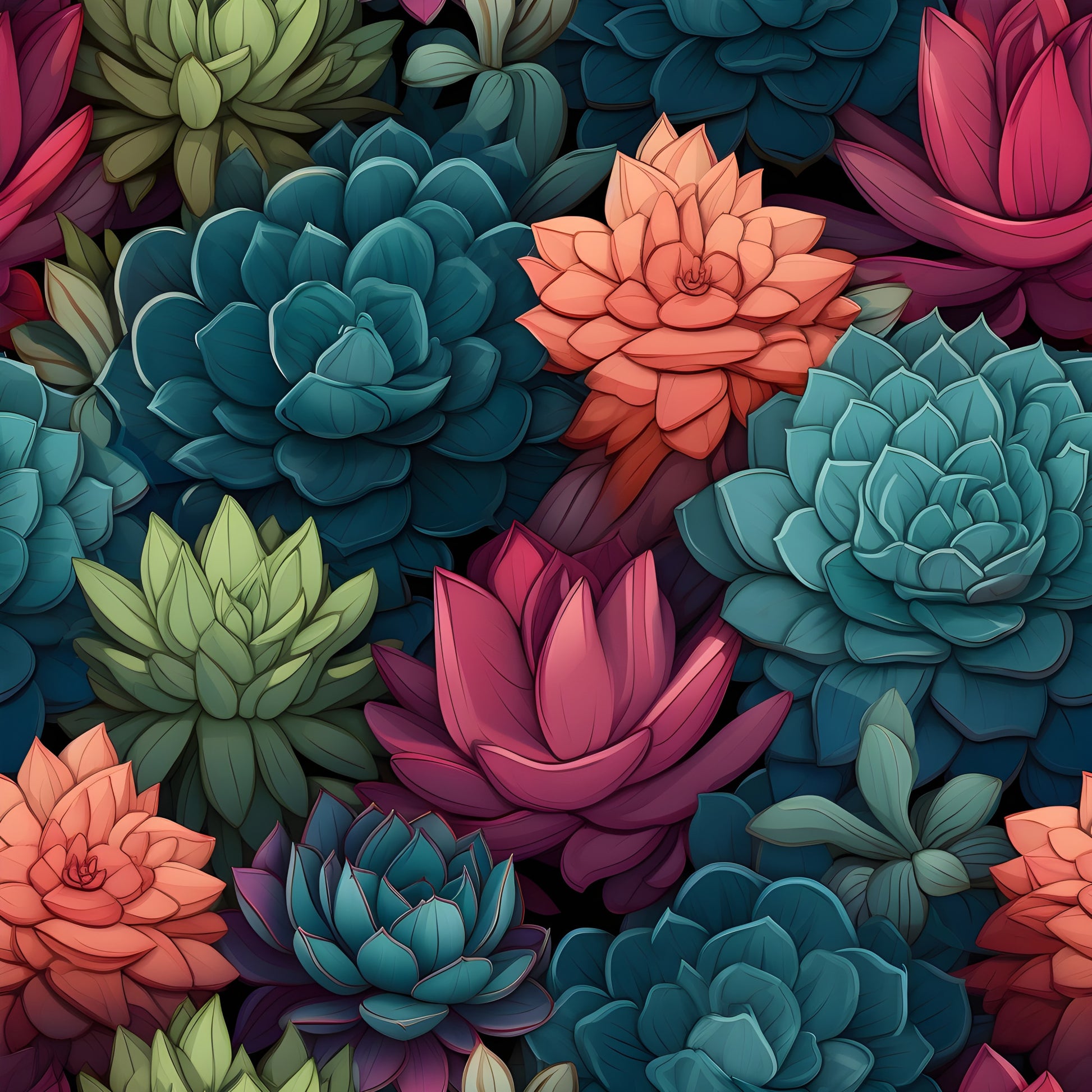 succulents, quilting cotton, fabric panel, teal, coral, pink, purple, green, botanical pattern, desert plants, seamless design, rosette flowers, layered petals, vibrant colors, nature motif, floral arrangement, modern botanical, crafting fabric, sewing material, plant illustration