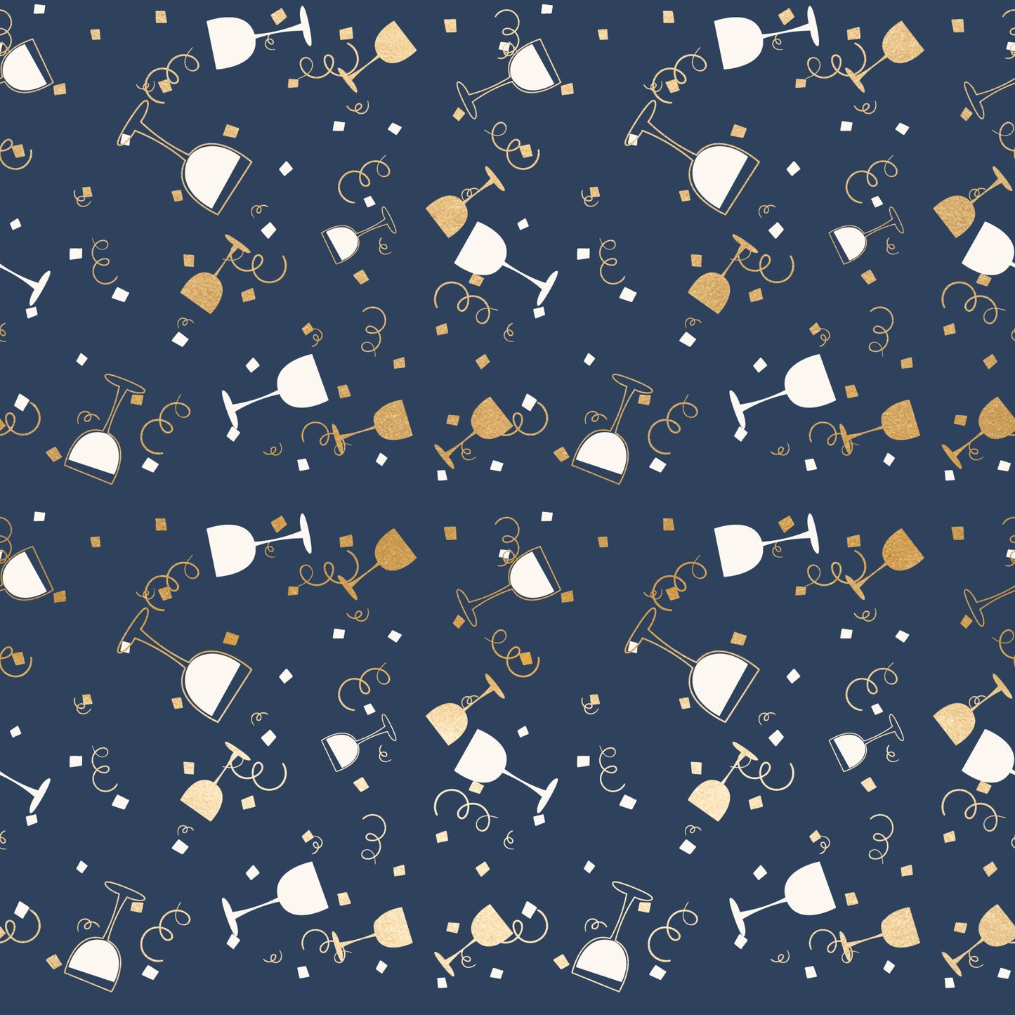 navy blue, gold, champagne glasses, wine glasses, celebration, party theme, confetti squares, curly ribbons, streamers, festive pattern, quilting cotton, fabric panel, elegant design, new year's eve, toast celebration, geometric confetti, sophisticated palette, party motifs, celebratory elements, repeating pattern