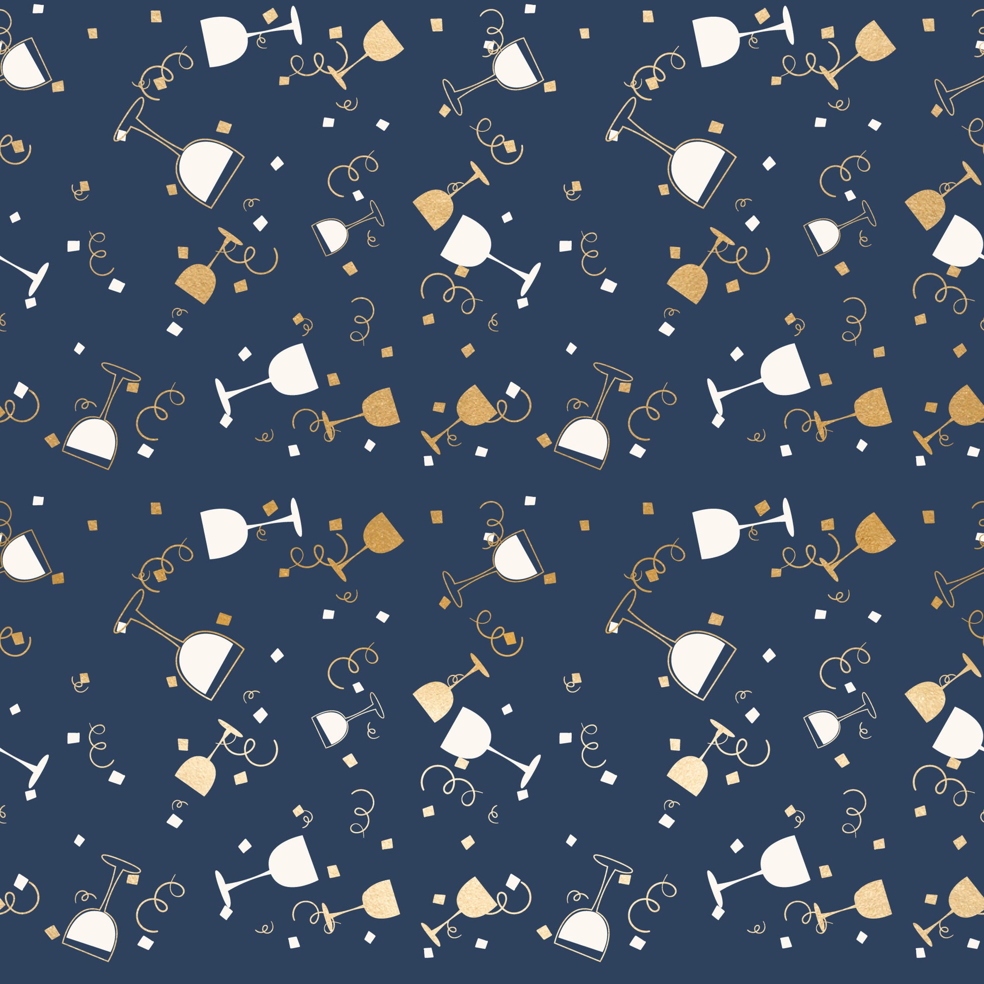 navy blue, gold, champagne glasses, wine glasses, celebration, party theme, confetti squares, curly ribbons, streamers, festive pattern, quilting cotton, fabric panel, elegant design, new year's eve, toast celebration, geometric confetti, sophisticated palette, party motifs, celebratory elements, repeating pattern