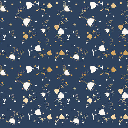 navy blue, gold, champagne glasses, wine glasses, celebration, party theme, confetti squares, curly ribbons, streamers, festive pattern, quilting cotton, fabric panel, elegant design, new year's eve, toast celebration, geometric confetti, sophisticated palette, party motifs, celebratory elements, repeating pattern