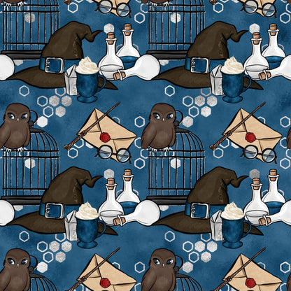 navy blue, wizard hat, owl, potion bottles, magic wand, envelope, round glasses, hexagon pattern, quilting cotton, fabric panel, magical theme, brown owl, white potions, red wax seal, brewing supplies, mystical elements, repeating pattern, fantasy motifs, spell casting, wizardry school