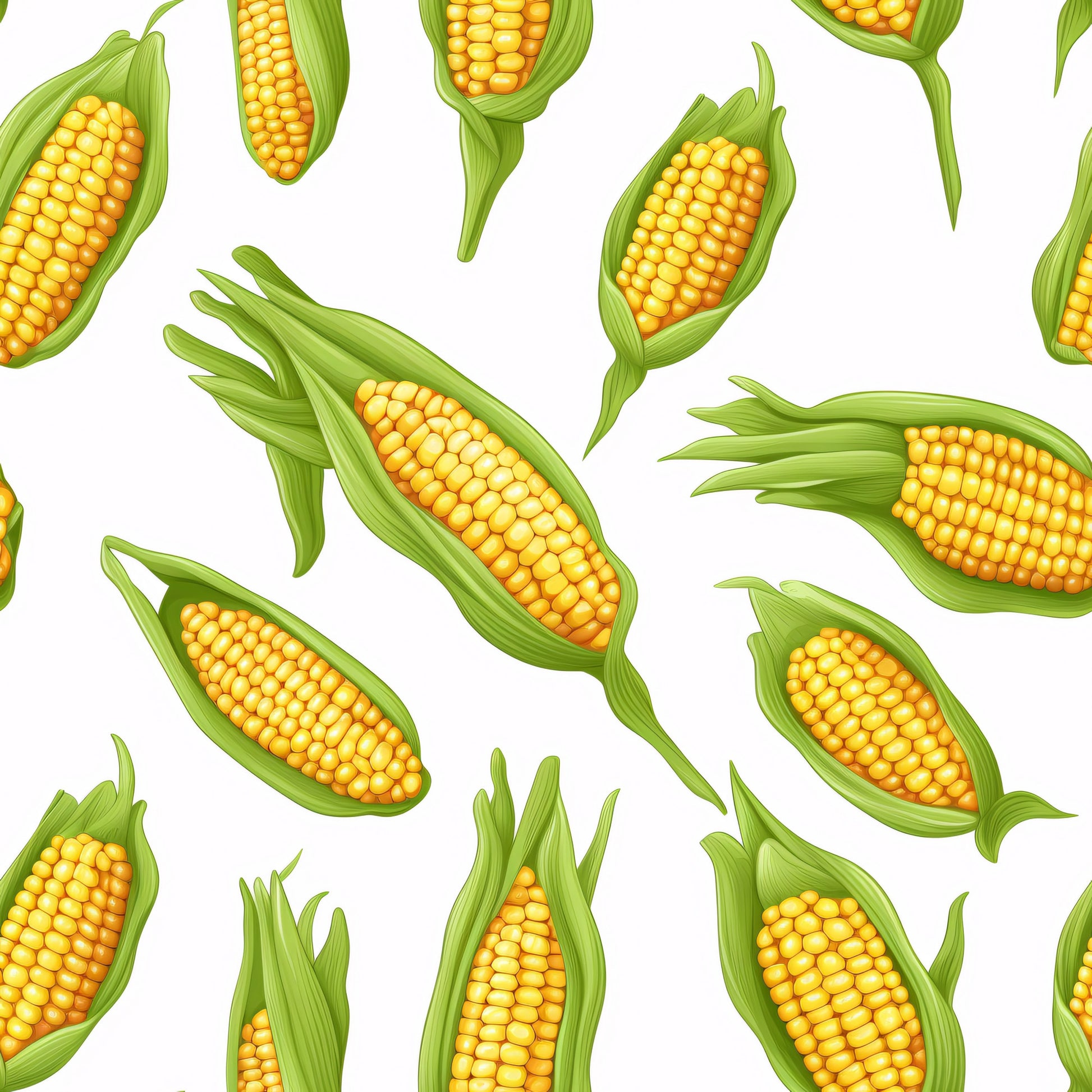 sweet corn, yellow kernels, green husks, vegetable pattern, scattered design, realistic illustration, harvest theme, farming motif, food fabric, quilting cotton, fabric panel, botanical print, agricultural design, corn cobs, garden vegetables, summer produce, white background, repeating pattern, kitchen theme, cooking fabric