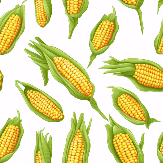 sweet corn, yellow kernels, green husks, vegetable pattern, scattered design, realistic illustration, harvest theme, farming motif, food fabric, quilting cotton, fabric panel, botanical print, agricultural design, corn cobs, garden vegetables, summer produce, white background, repeating pattern, kitchen theme, cooking fabric