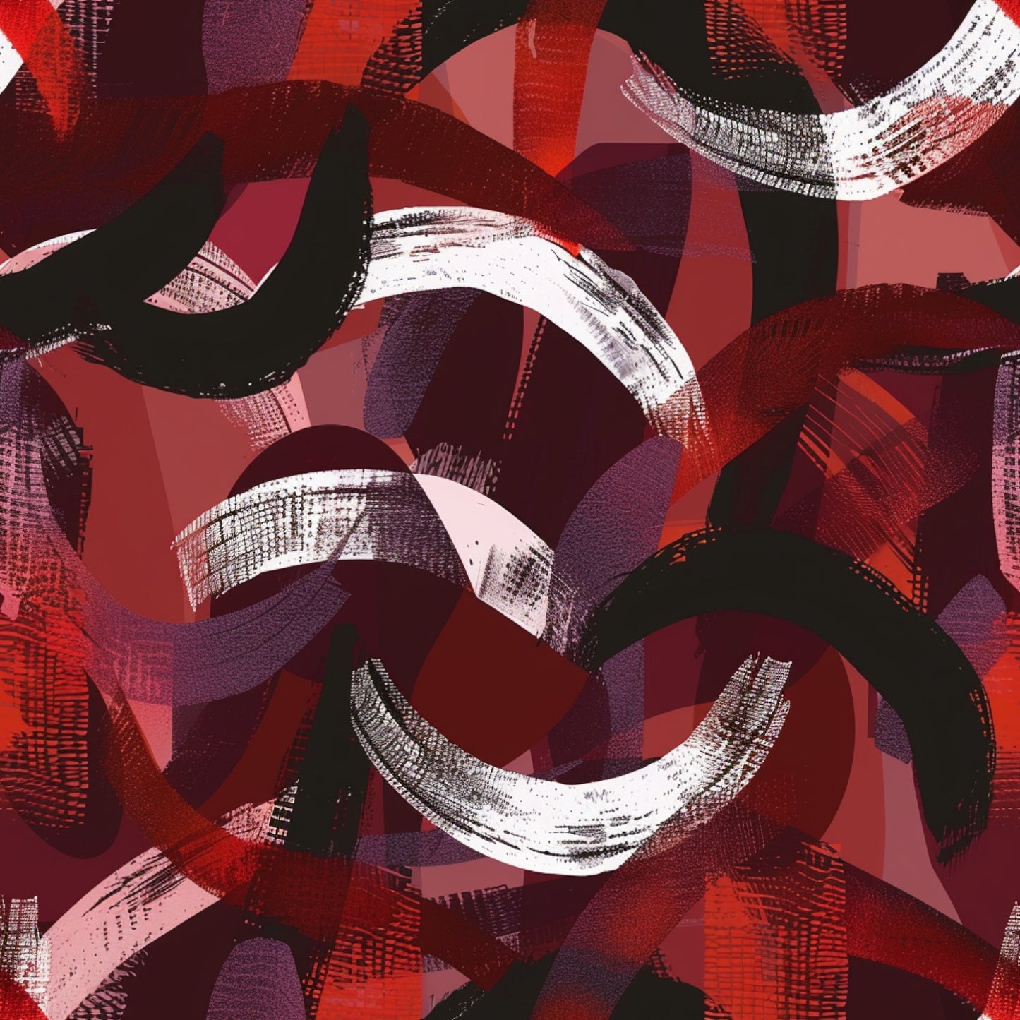 burgundy, deep red, maroon, crimson, white, black, purple, abstract pattern, circular motifs, curved shapes, brushstroke texture, modern art, contemporary design, overlapping elements, dynamic movement, artistic swirls, quilting cotton, fabric panel, geometric abstracts, layered composition
