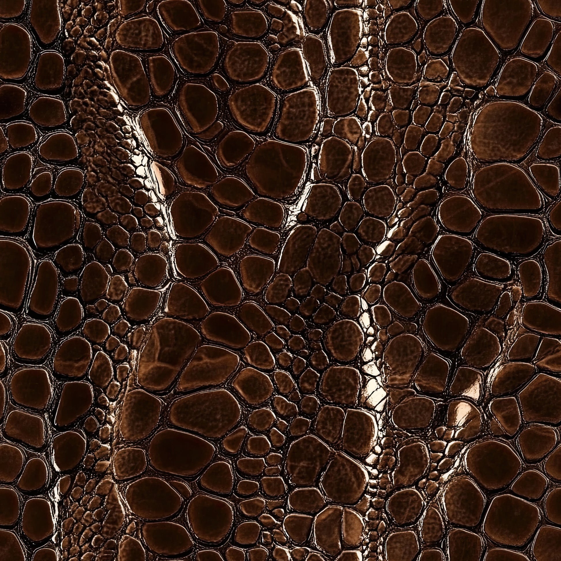 brown, chocolate brown, crocodile skin, alligator texture, reptile pattern, leather appearance, scales, embossed texture, glossy finish, animal print, exotic skin, luxury texture, quilting cotton, fabric panel, western theme, rustic brown, textured surface, reptilian scales, natural pattern, organic shapes