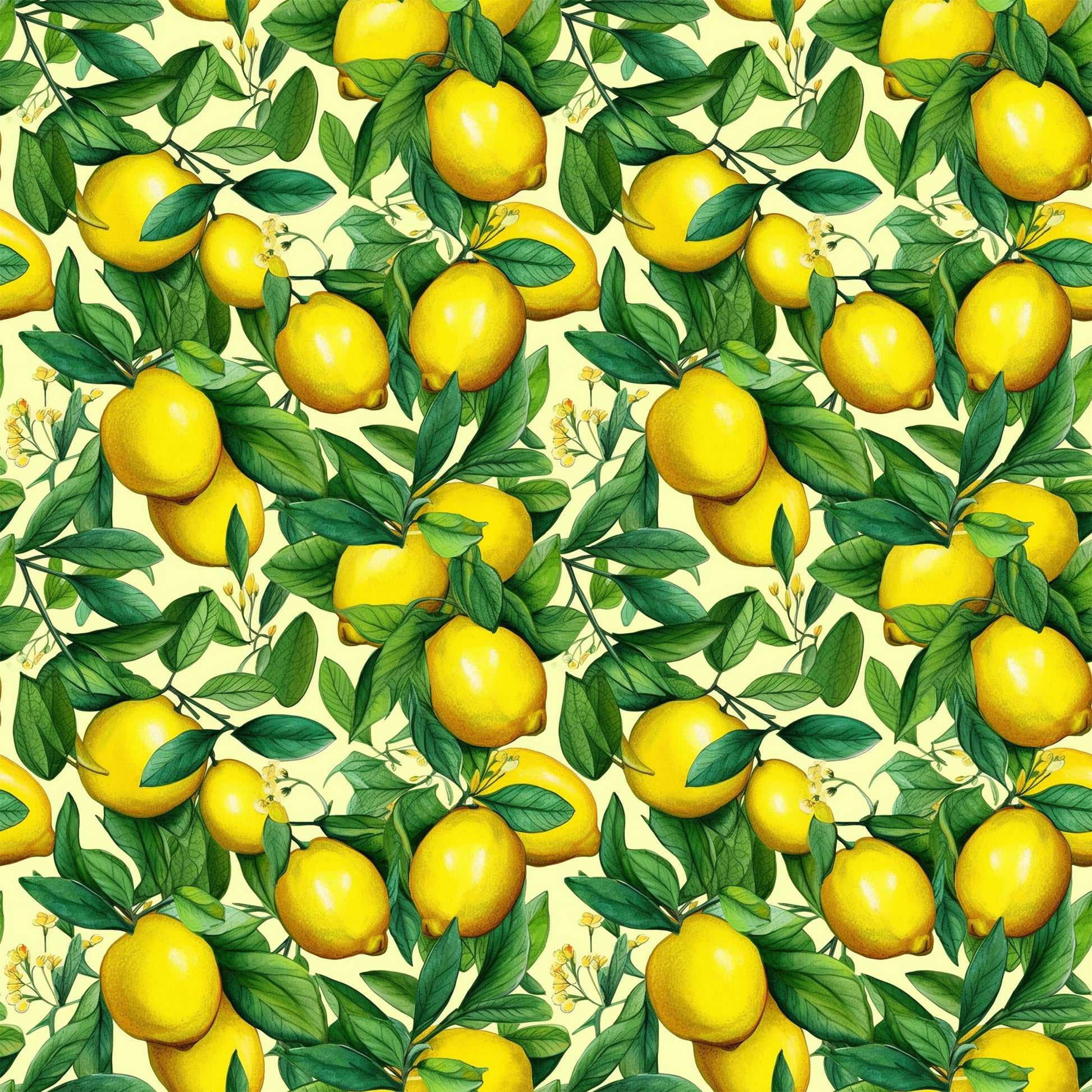 yellow lemons, green leaves, citrus fruits, botanical pattern, repeating design, bright yellow, forest green, cream background, vintage illustration, realistic style, fruit motif, summer theme, fresh citrus, quilting cotton, fabric panel, cheerful mood, kitchen theme, nature inspired, seamless repeat, vibrant colors