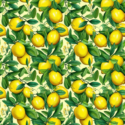 yellow lemons, green leaves, citrus fruits, botanical pattern, repeating design, bright yellow, forest green, cream background, vintage illustration, realistic style, fruit motif, summer theme, fresh citrus, quilting cotton, fabric panel, cheerful mood, kitchen theme, nature inspired, seamless repeat, vibrant colors