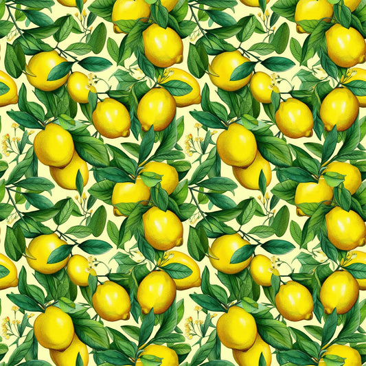 yellow lemons, green leaves, citrus fruits, botanical pattern, repeating design, bright yellow, forest green, cream background, vintage illustration, realistic style, fruit motif, summer theme, fresh citrus, quilting cotton, fabric panel, cheerful mood, kitchen theme, nature inspired, seamless repeat, vibrant colors