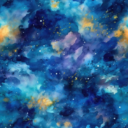 deep blue, navy blue, turquoise, purple, golden yellow, white stars, watercolor style, cosmic clouds, nebula pattern, night sky, celestial design, dreamy atmosphere, swirling clouds, starfield, galaxy print, quilting cotton, fabric panel, astronomical theme, mystical mood, space scenery