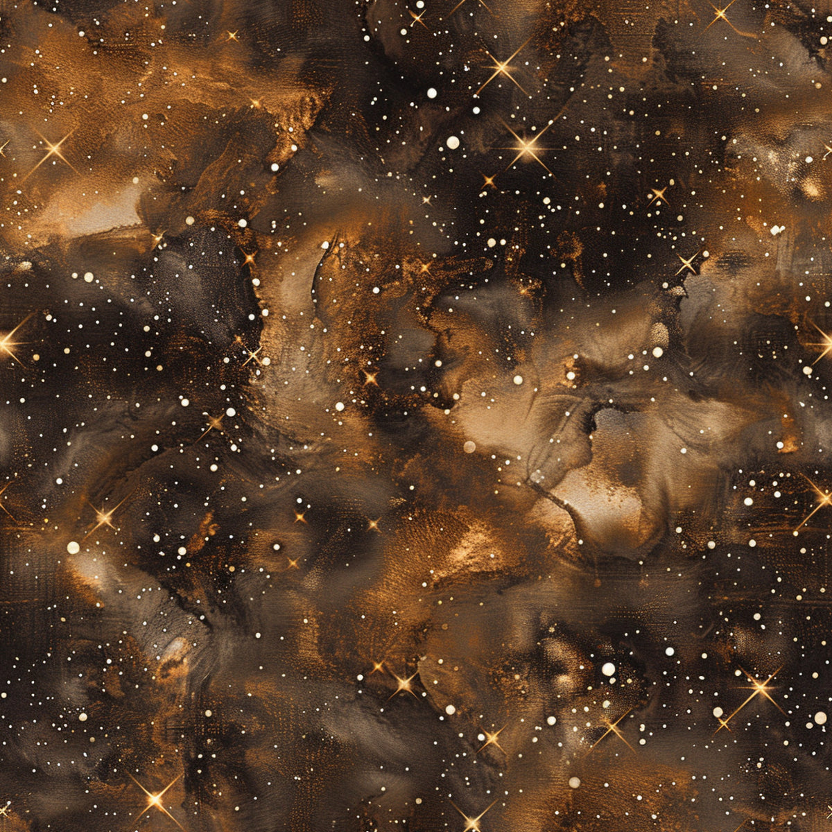 brown, amber, bronze, gold, painted galaxy, cosmic pattern, nebula design, starry sky, celestial motifs, space theme, astronomical art, swirling clouds, star field, quilting cotton, fabric panel, dreamy atmosphere, mystical mood, ethereal design, universe pattern, night sky