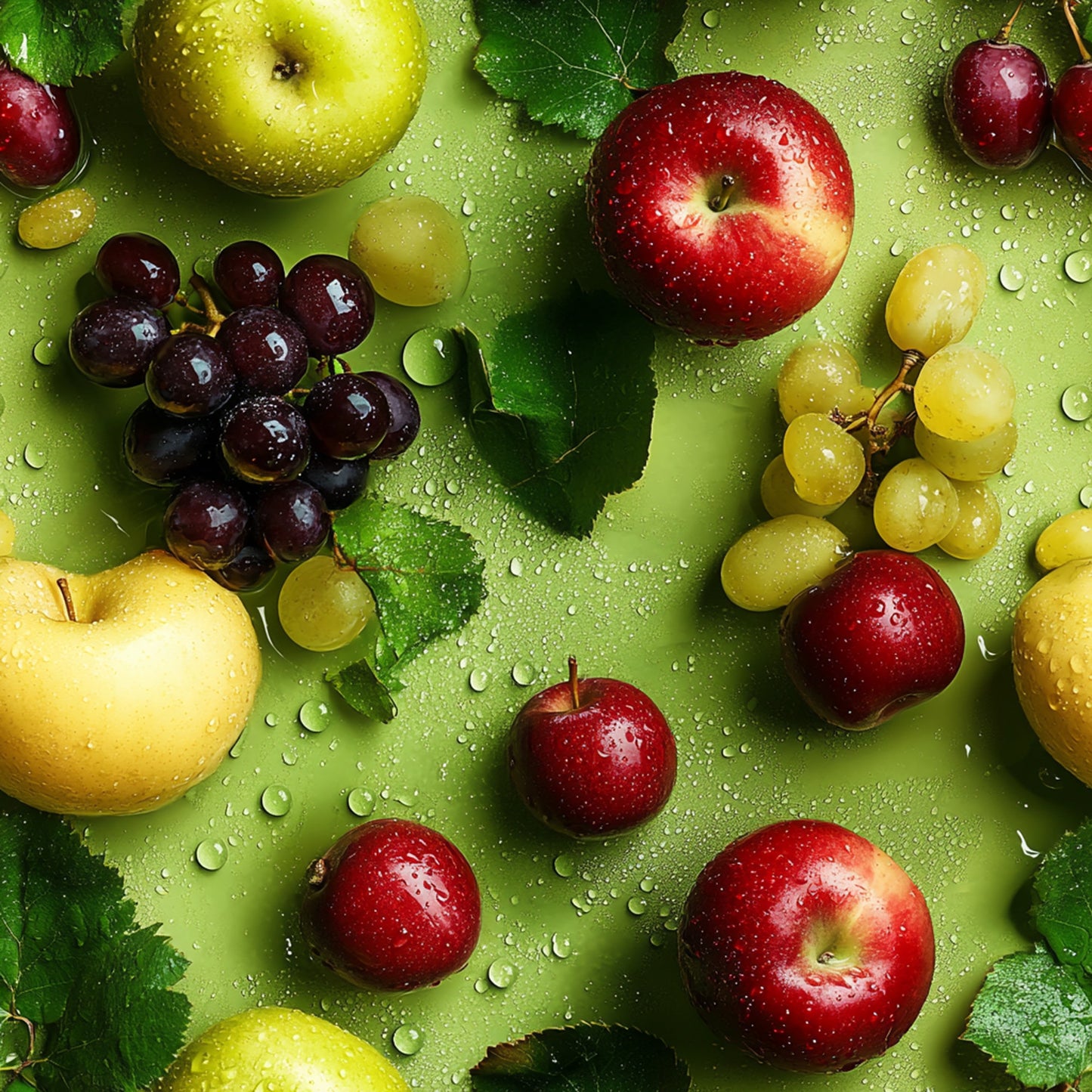 fresh fruits, apples, grapes, cherries, green apple, red apple, yellow apple, dark grapes, green grapes, water droplets, realistic fruits, photographic style, green background, quilting cotton, fabric panel, food pattern, kitchen theme, harvest theme, botanical design, fruit medley, vibrant colors, nature inspired