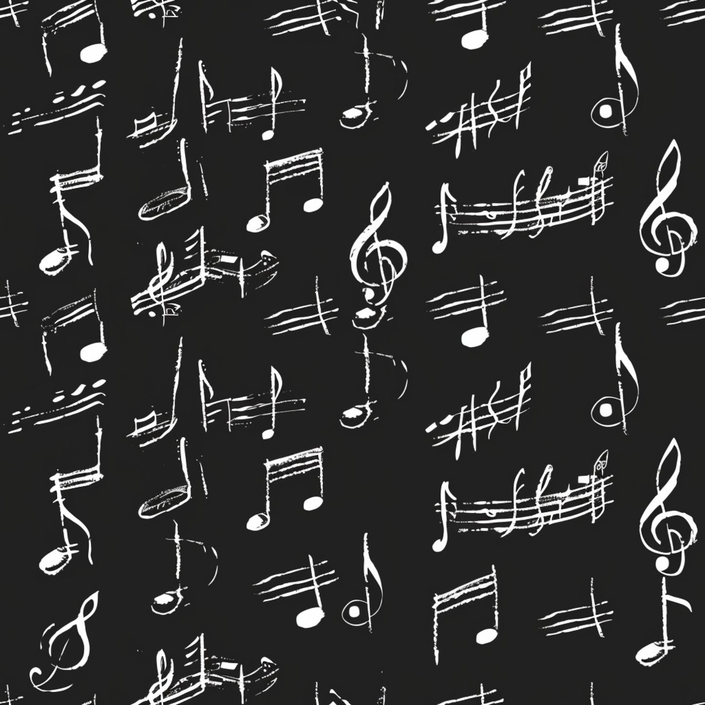 black background, white musical notes, treble clef, staff lines, sheet music, handwritten style, sketchy design, musical symbols, monochrome pattern, quilting cotton, fabric panel, artistic notation, music themed, chalk-like appearance, scattered notes, musical composition, repeating pattern, contrasting colors, cotton fabric