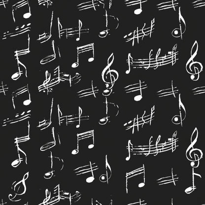 black background, white musical notes, treble clef, staff lines, sheet music, handwritten style, sketchy design, musical symbols, monochrome pattern, quilting cotton, fabric panel, artistic notation, music themed, chalk-like appearance, scattered notes, musical composition, repeating pattern, contrasting colors, cotton fabric