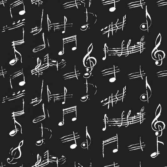 black background, white musical notes, treble clef, staff lines, sheet music, handwritten style, sketchy design, musical symbols, monochrome pattern, quilting cotton, fabric panel, artistic notation, music themed, chalk-like appearance, scattered notes, musical composition, repeating pattern, contrasting colors, cotton fabric