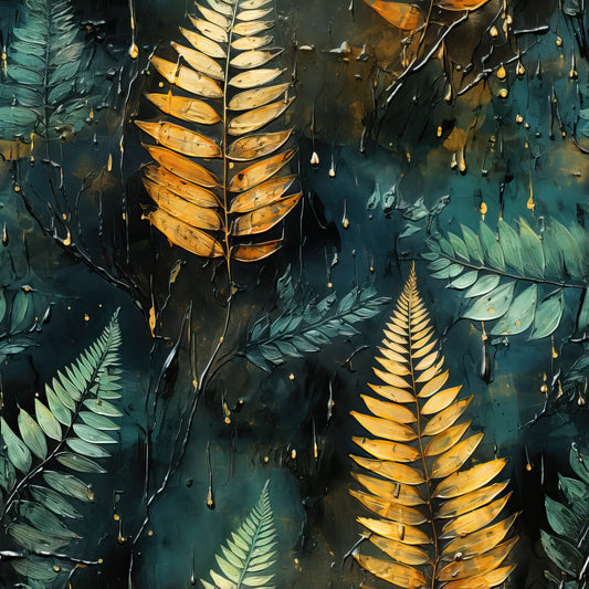 tropical leaves, autumn colors, golden yellow, teal blue, forest green, fern fronds, botanical pattern, raindrops, wet foliage, quilting cotton, fabric panel, nature inspired, moody atmosphere, seasonal transition, textured leaves, organic shapes, fall foliage, tropical rainforest, leaf silhouettes, earthy tones